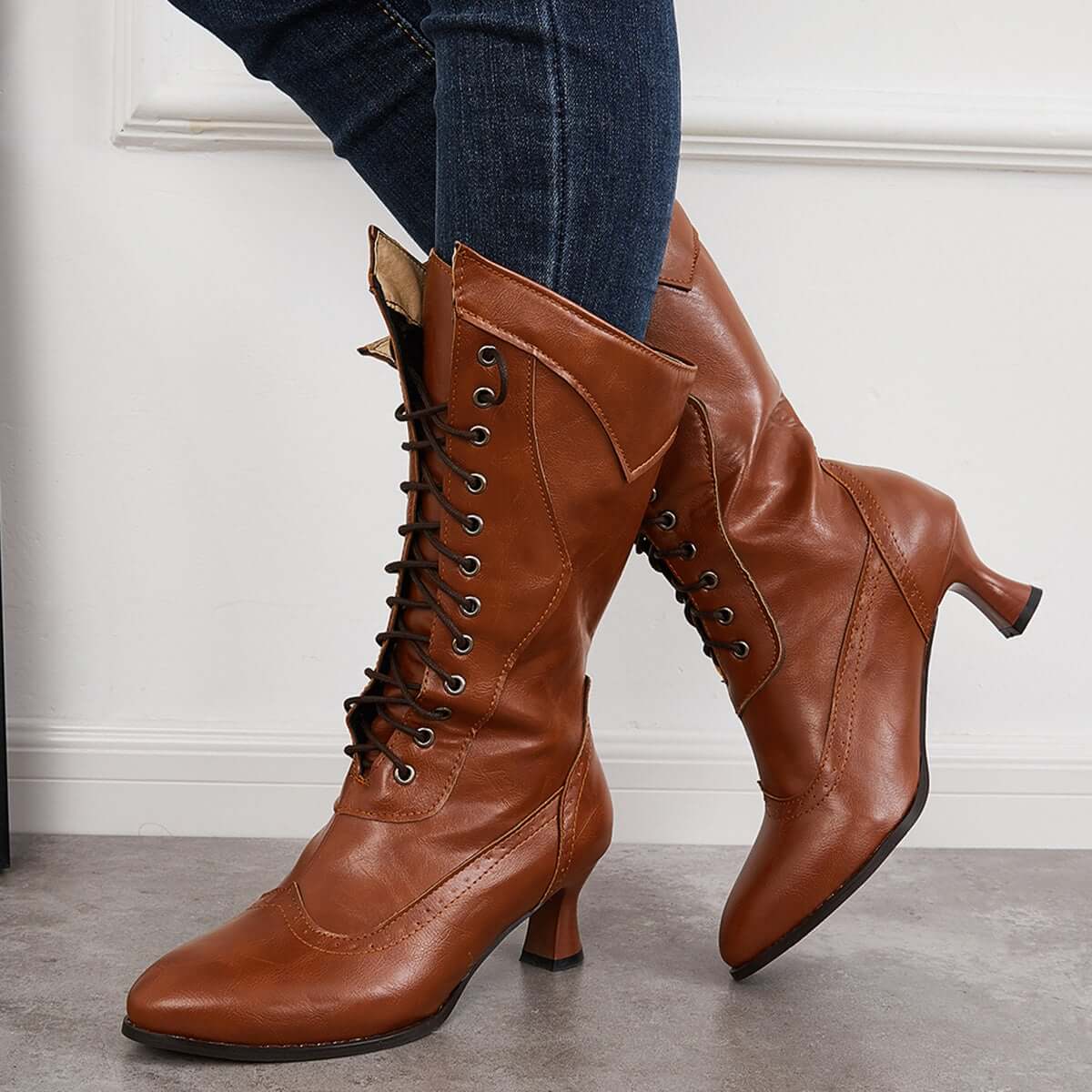 Women's Fashion Vintage Victorian Lace Up Mid Calf Boots Western Knight Boots