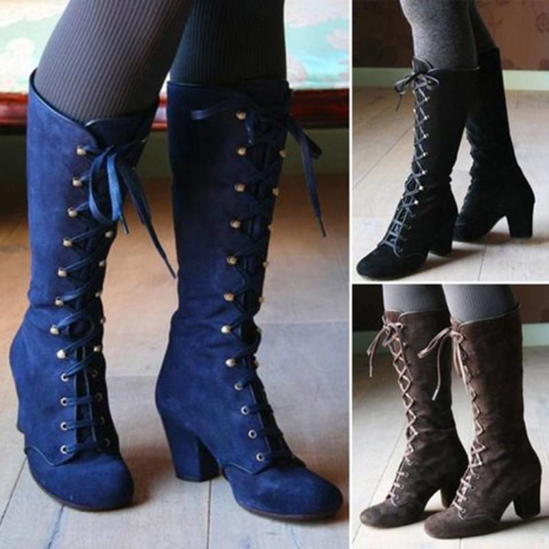 Women Fashion Chunky Lace Up Steampunk Gothic Vintage Style Retro Punk Boots - fashionshoeshouse