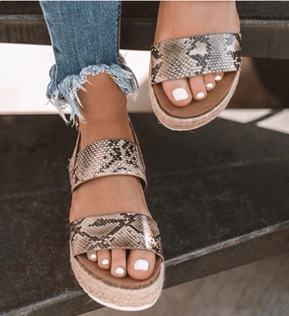 Open-toe flat hemp mid-heel rubber buckle sandals - Trendha