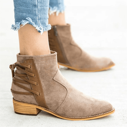 Large Size Women Back Cross Ribbon Sticting Zipper Ankle Boots - MRSLM