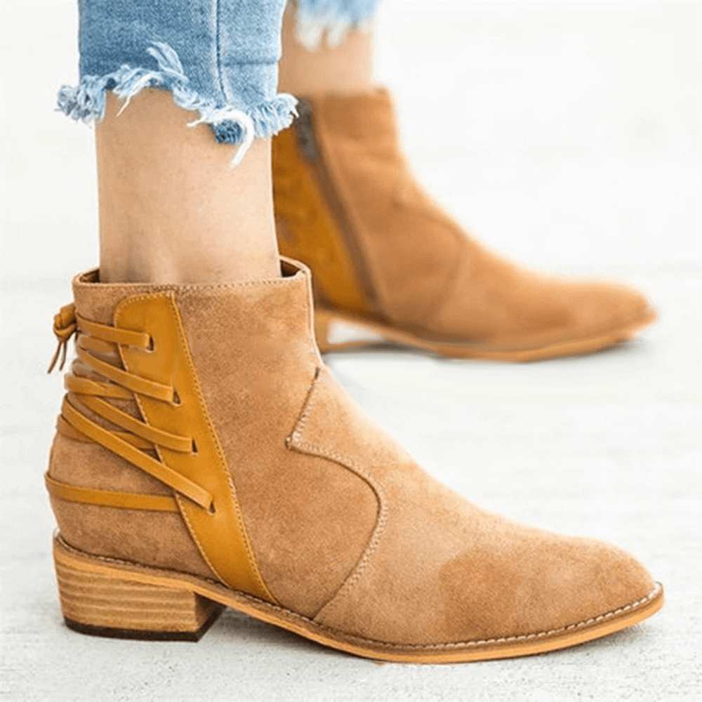 Large Size Women Back Cross Ribbon Sticting Zipper Ankle Boots - MRSLM