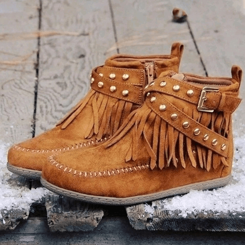 Women Large Size Suede Tassel Metal Buckle Flat Ankle Boots - MRSLM