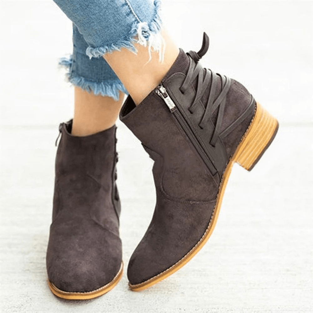 Large Size Women Back Cross Ribbon Sticting Zipper Ankle Boots - MRSLM