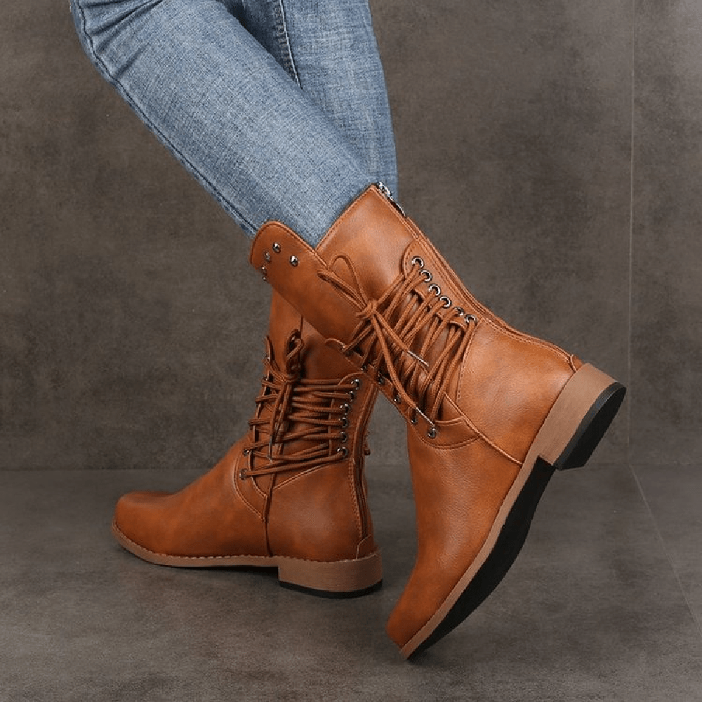 Plus Size Women Retro Rivet Cross Strap Back Zipper Mid Calf Boots - MRSLM