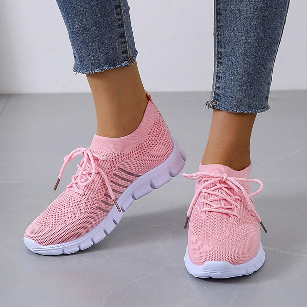 Zapatillas deportivas de punto para mujer, color sólido transpirable Low Top Walking Trainers