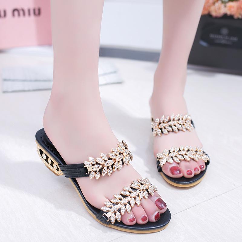 Crystal Open Toe Low Chunky Heel Sandals Slippers