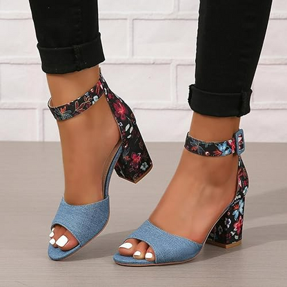 Sandalias de mujer Peep Toe con estampado floral