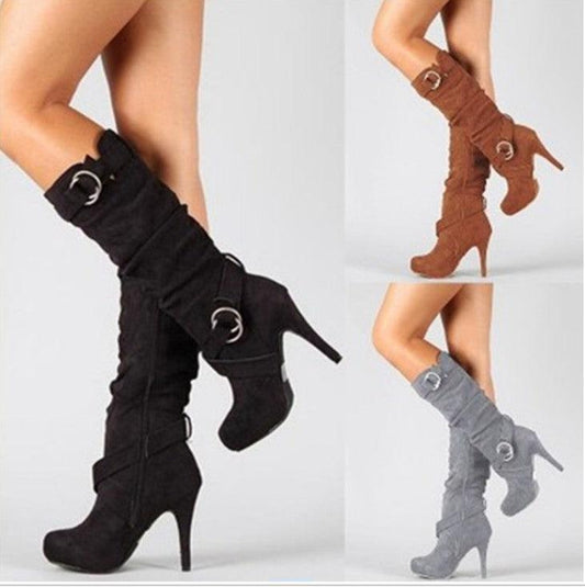 Belt buckle side zip high boots - Trendha