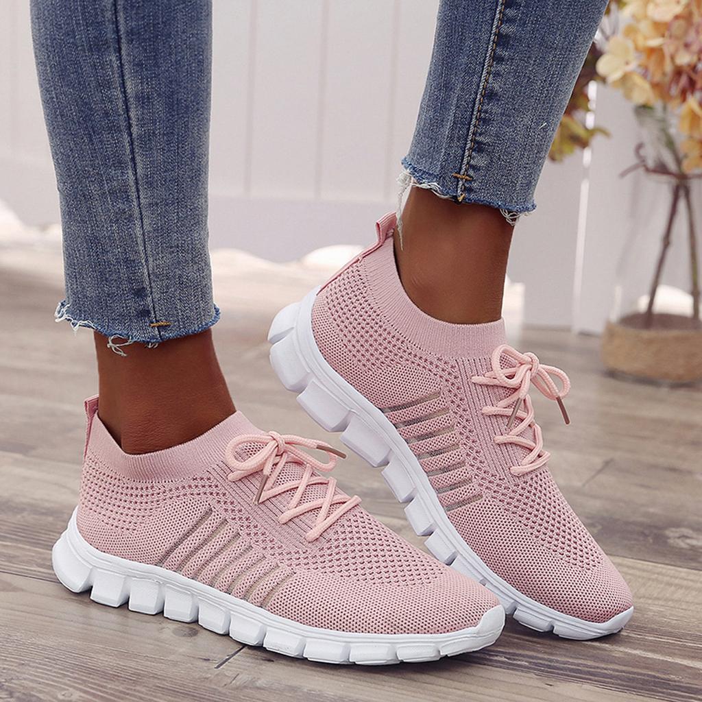 Zapatillas deportivas de punto para mujer, color sólido transpirable Low Top Walking Trainers