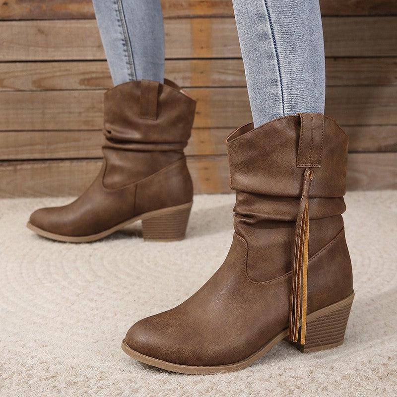 Cheky - Retro Tassel Boots Winter Thick Square Heel Mid-calf Knight Western Boots Woman Fashion Shoes