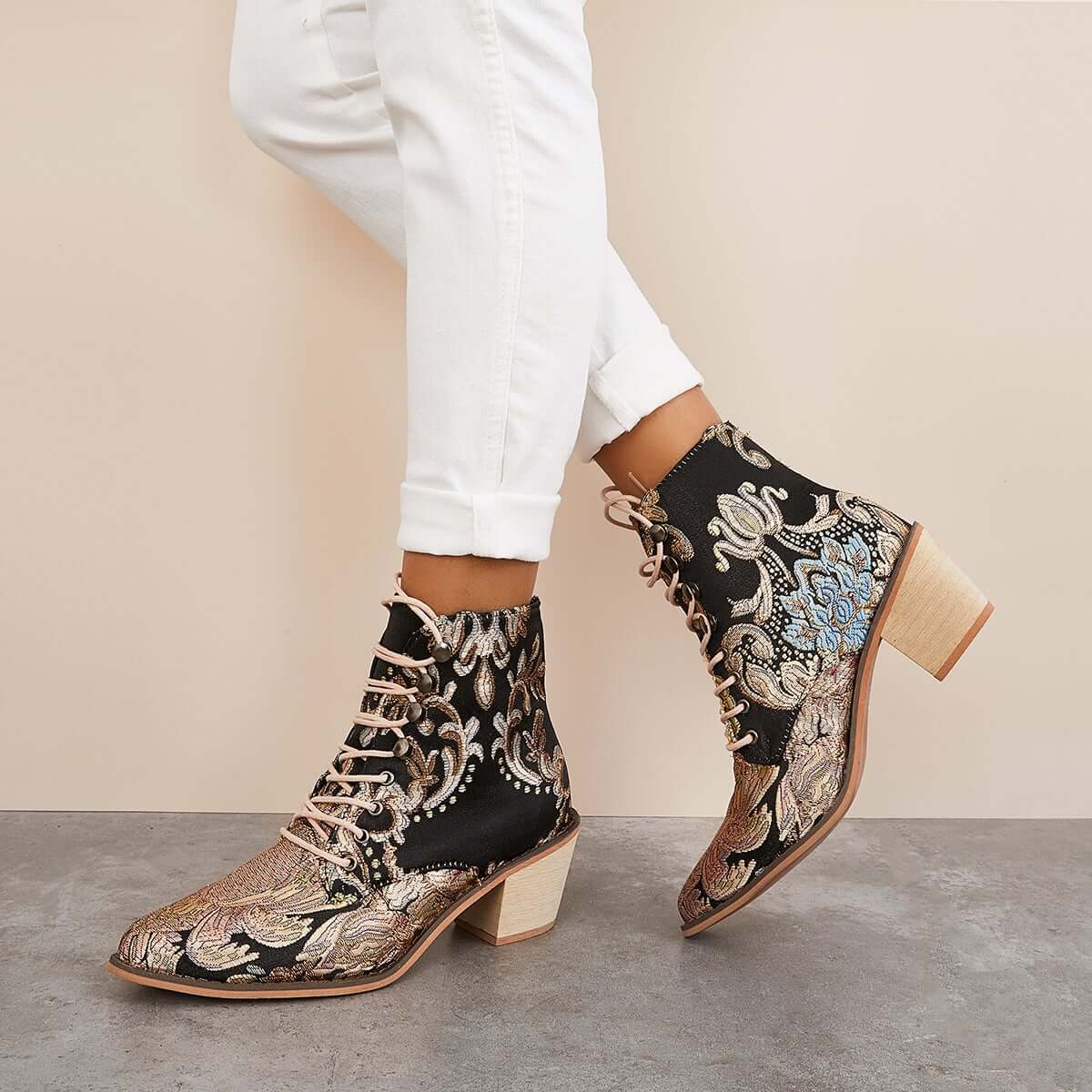 Retro Embroidered Cowboy Ankle Boots Block Heel Western Booties Oshnow