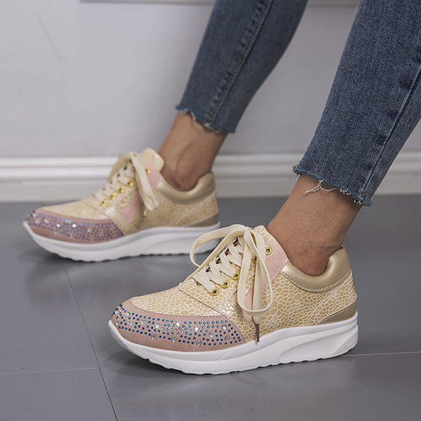 Rhinestone Embrellished Platform Lace-Up Sneakers Oshnow