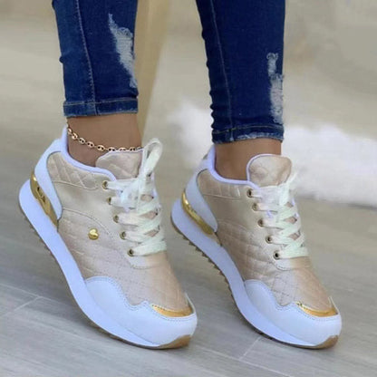 Round Toe Gold Sequin Embellished Lace-Up Sneakers Oshnow