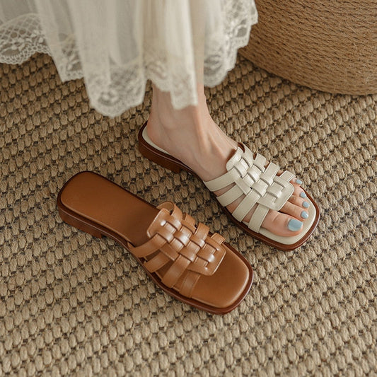 Sandalias de verano para mujer con puntera cuadrada y fondo plano tejido