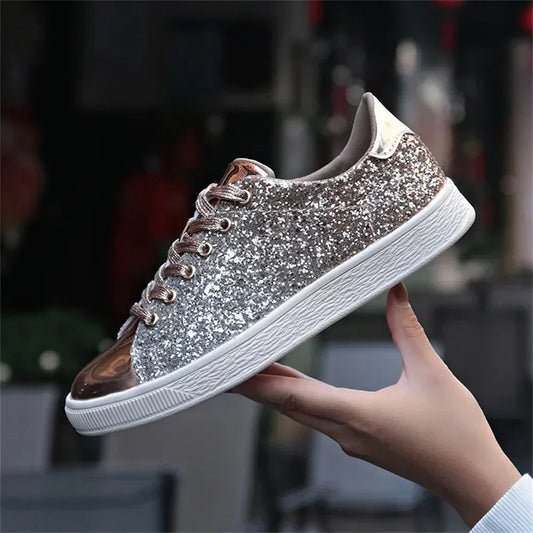 Womens Silver Glitter Slip-On Sneakers