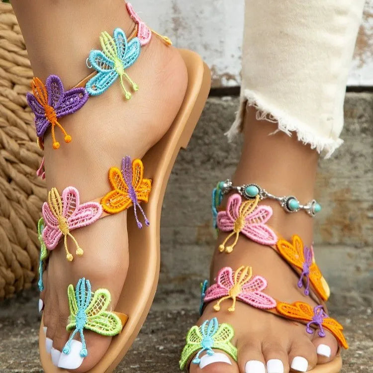 Sandalias planas de mariposa de colores para mujer