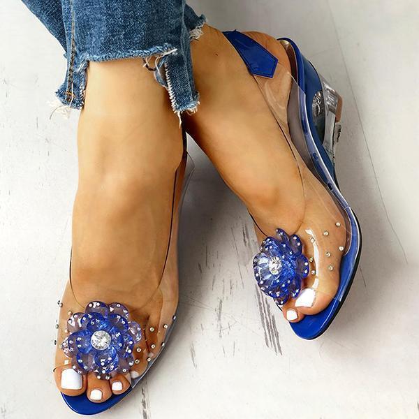 Studded Flower Design Transparent Wedge Sandals Oshnow