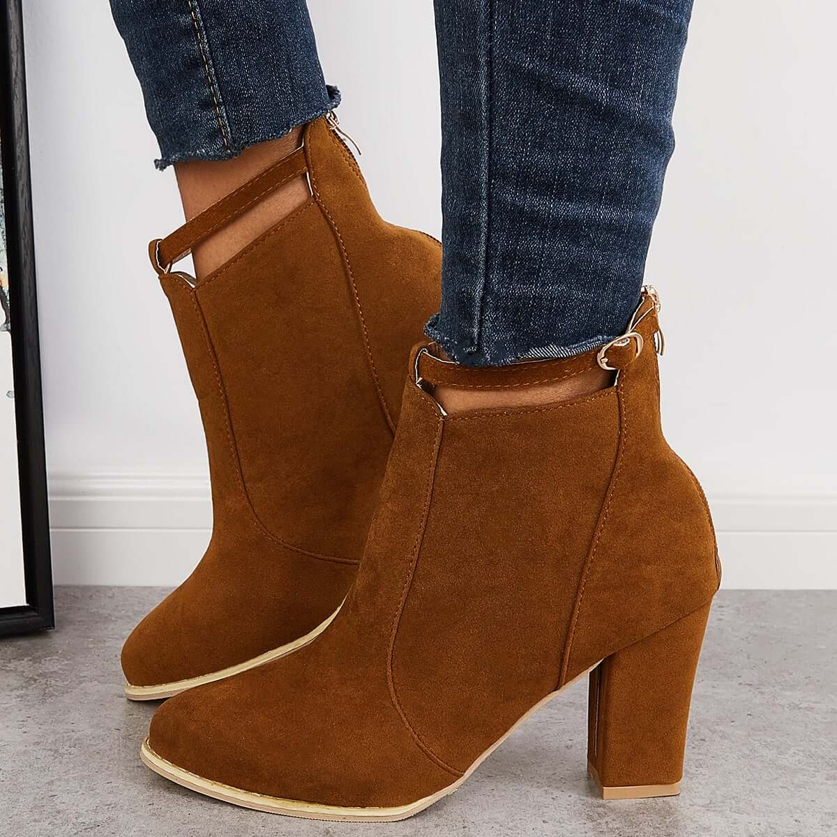 Suede Chunky Heel Ankle Boots Back Zipper Dress Booties Oshnow