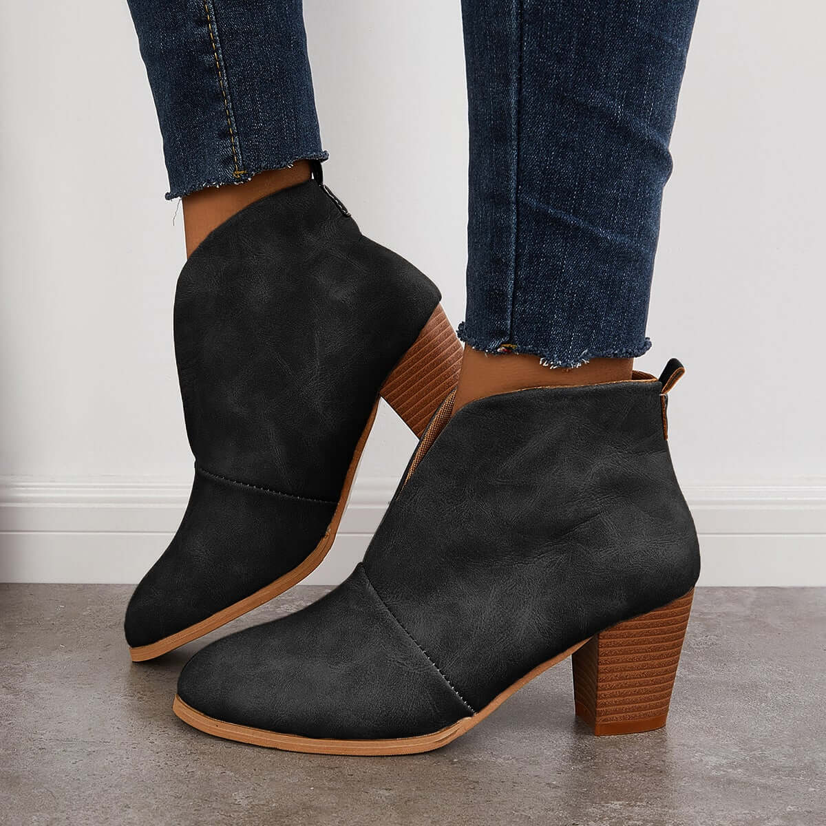 Suisecloths Retro Western V Cut Ankle Boots Slip On Chunky Stacked Heel Booties Oshnow