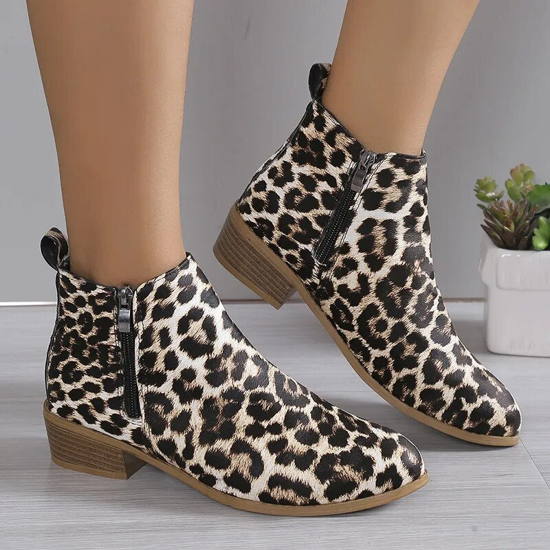 Women's Fashion Leopard Designed Thick Heels PU Leather Ankle Boots GOMINGLO