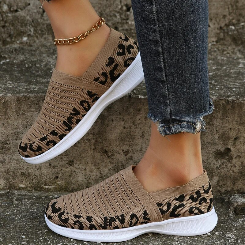 Women's Leopard Printed Breathable Mesh Slip On Casual Sneakers GOMINGLO