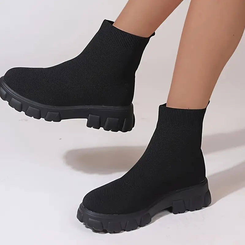 Botines Mujer Mid Calf Knit Chunky Shoes