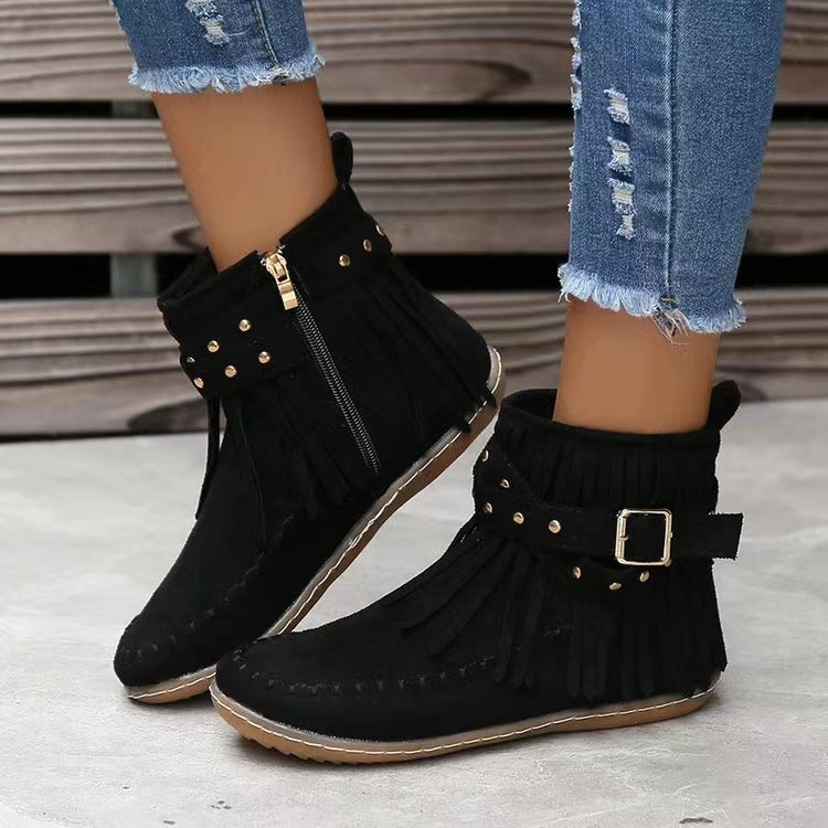 Women’s Flat Sole Suede Ankle Boots With Rivets and Tassels