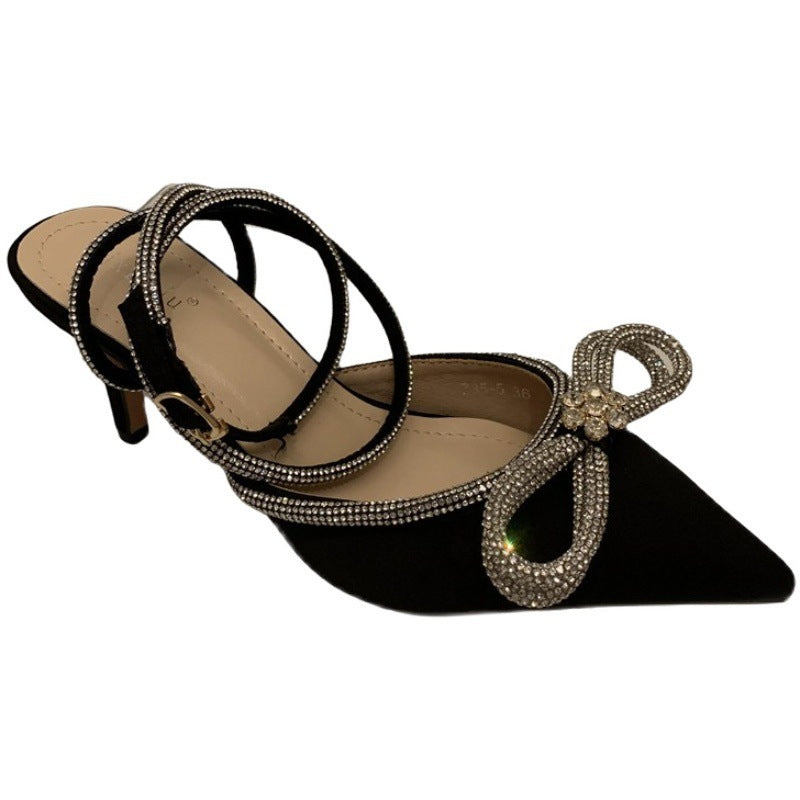 Glamorous Glitter Crystal Bowknot Seda Hebilla Correa Delgada Tacones Altos