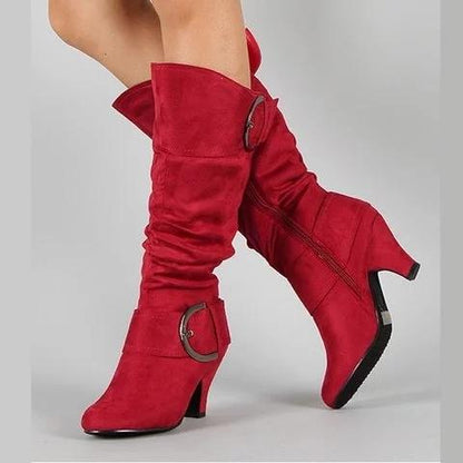 Women Long Boots Ladies Chunky Heel Suede Knee High Boots - fashionshoeshouse