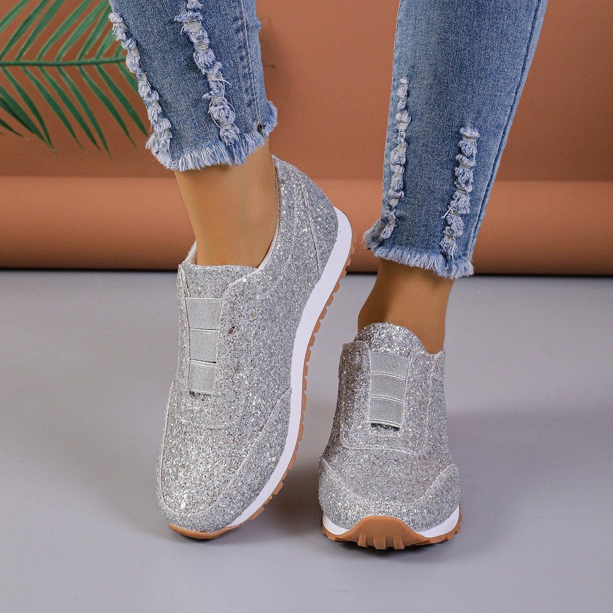 Sparkling Glitter Elastic Slip-On Fashion Sneakers