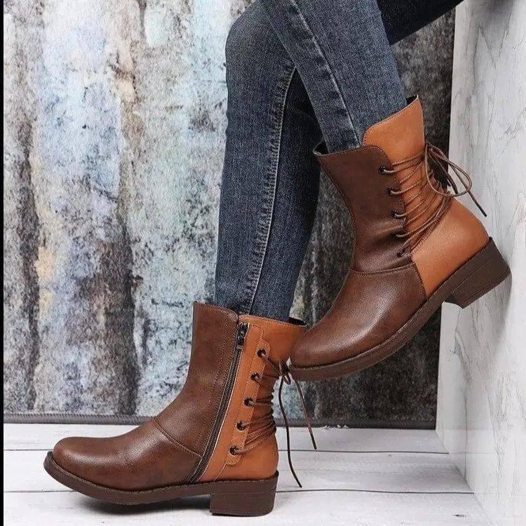 Fashion Round Head Belt Buckle Thick Heel Martin Boots Women-3