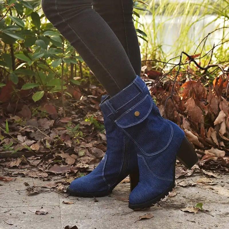 Plus Size High Heel Denim Mid Tube Women Boots-5