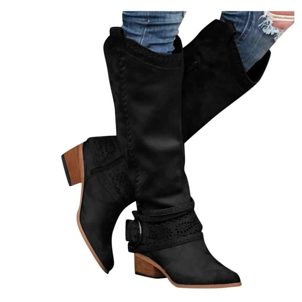 Thick-heeled Lace Belt Buckle Boots Plus Size Women-Brown-3