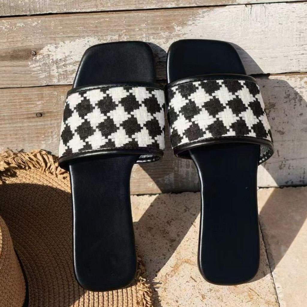 Plaid Open Toe Flat Sandals - SHANKARA CHÉRIE