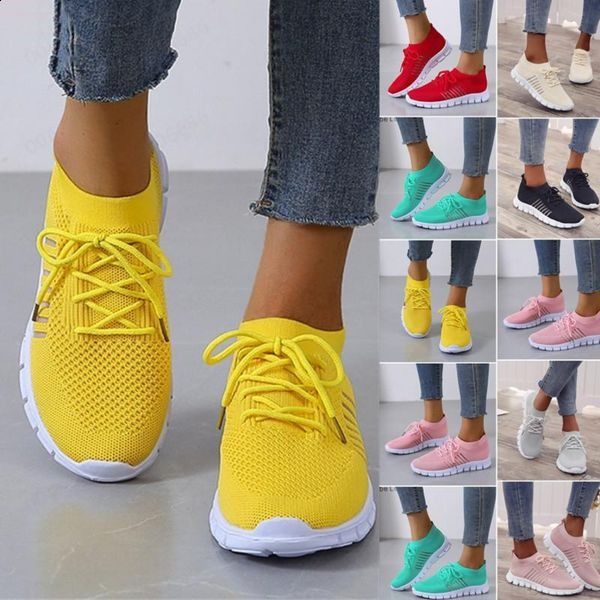 Zapatillas deportivas de punto para mujer, color sólido transpirable Low Top Walking Trainers